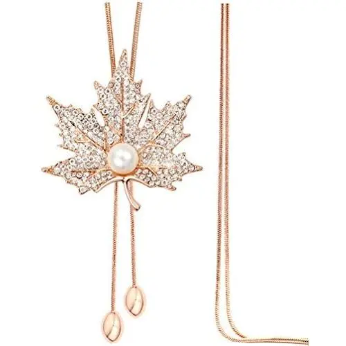 TULIP LY Sweet Crystal Maple Leaf Pendant Necklace Pearl Adjustable Bohemian Style Flower Tassel Long Chain Sweater Necklace TULIP LY Sweet Crystal Maple Leaf Pendant Necklace Pearl Adjustable Bohemian Style Flower Tassel Long Chain Sweater Necklace
