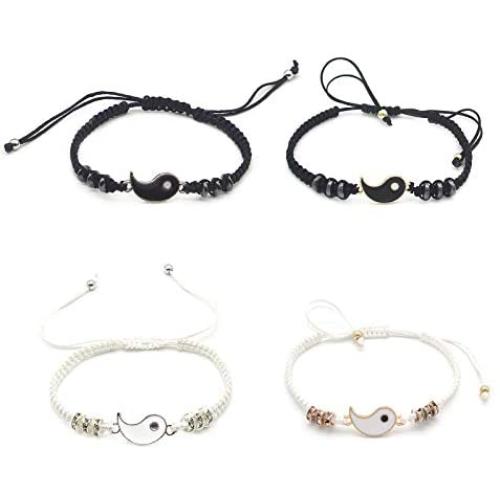 COLORFUL BLING 4Pcs Simple Matching Yin Yang Evil Eye Braided Bracelets Set Handmade Adjustable Waterproof Lucky Protection Jewelry for Couple Friendship