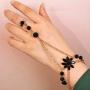 Chicque Boho Hand Chain Gold Rhinestone Finger Ring Black Flower Hand Bracelet Hand Jewelry for Women and Girls