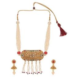 Efulgenz Indian Bollywood Traditional 14 K Gold Plated Crystal Kundan Pearl Beaded Wedding Temple Tassel Choker Necklace Earrings Jewelry set