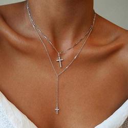 Gemily Vintage Layered Cross Necklace Choker Silver Pendant Neck Chain Dainty Rhinestone Necklaces Y Shape Neck Jewelry for Women and Girls