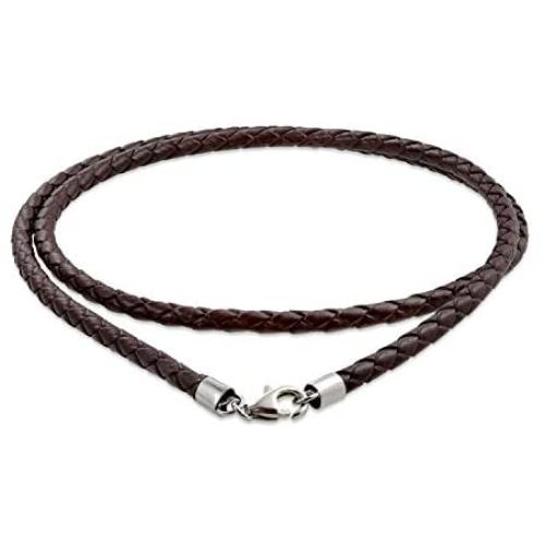 Genuine Brown Black Leather Braided Rope Weave Necklace Pendant Cord for Women for Men Silver Plated 14 16 18 20 24 Inch