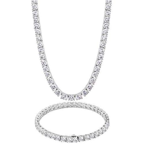 KRKC&CO 4mm Tennis Chain and Bracelet Set, 14k Gold Single Row Prong-Setting with Hand-Selected 5A CZ Stones, Urban Street-wear Hip Hop Jewelry for Rappers