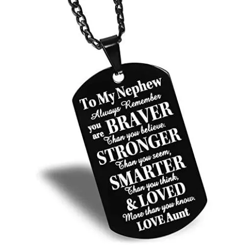 FAINOL Nephew Gifts from Aunt and Uncle - to Our Nephew, Always Remember You’re Braver Than You Believe. Black Dog Tag Necklace FAINOL Nephew Gifts from Aunt and Uncle - to Our Nephew, Always Remember You’re Braver Than You Believe. Black Dog Tag Necklace