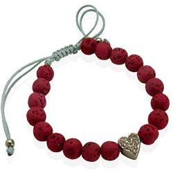 XS Accessories Valentines Day Red Lava Bead Stones Slider Bracelet with Silver Heart Charm Coated in Crystals