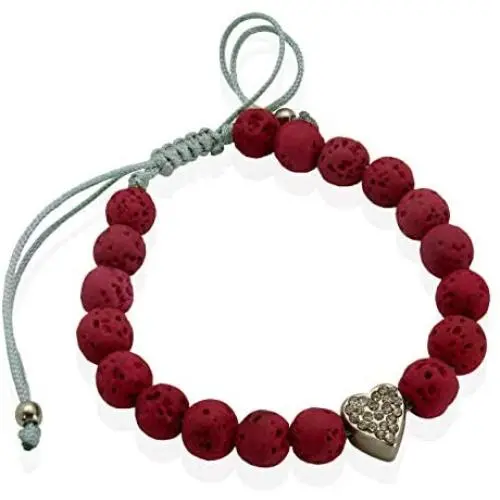 XS Accessories Valentines Day Red Lava Bead Stones Slider Bracelet with Silver Heart Charm Coated in Crystals XS Accessories Valentines Day Red Lava Bead Stones Slider Bracelet with Silver Heart Charm Coated in Crystals