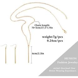 HUSION Fashion Bar Neckacle and Earrings Gold Plated Simple Bar Y Shaped Necklace and Leaves Jewelry Sets for Women Girls