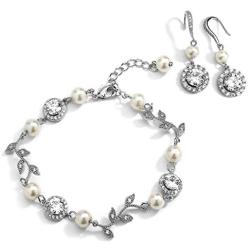 Mariell Silver Vine & Ivory Pearl CZ Bridal Bracelet & Earrings Set - Wedding Jewelry for Bridesmaids
