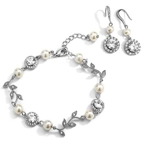 Mariell Silver Vine & Ivory Pearl CZ Bridal Bracelet & Earrings Set - Wedding Jewelry for Bridesmaids