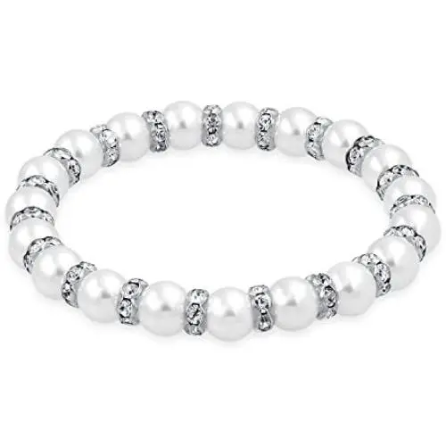Bling Jewelry White Pink Simulated Pearl Stackable Strand Stretch Bracelet for Women Crystal Rondelle Spacer Silver Plated Brass Bling Jewelry White Pink Simulated Pearl Stackable Strand Stretch Bracelet for Women Crystal Rondelle Spacer Silver Plated Brass