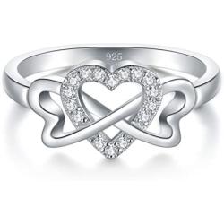 BORUO 925 Sterling Silver Ring, High Polish Cubic Zirconia Infinity and Heart Tarnish Resistant Comfort Fit Ring