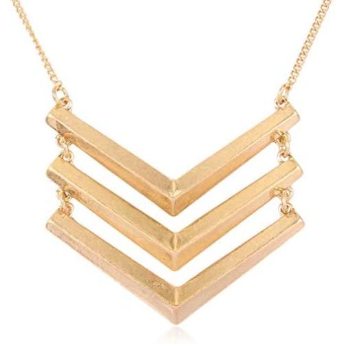 RIAH FASHION Bohemian Geometric Pendant Long Necklace - Boho Metallic Charm Chevron, Tribal Triangle, Snake Print Wood Layering Chain