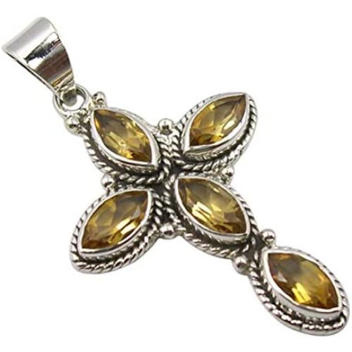 SilverStarJewel 925 Sterling Silver Marquise Cut Citrine Cross Pendant 1.7'' Stone Gift