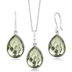Gem Stone King 925 Sterling Silver Prasiolite 16X12MM Pear Shape Pendant Earrings Set (19.50 Ct with 18 Inch Silver Chain)
