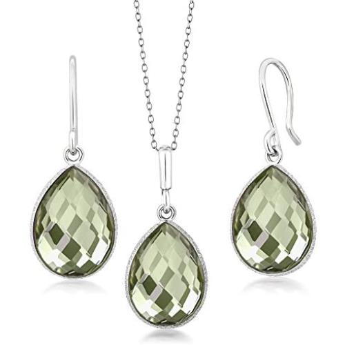 Gem Stone King 925 Sterling Silver Prasiolite 16X12MM Pear Shape Pendant Earrings Set (19.50 Ct with 18 Inch Silver Chain)