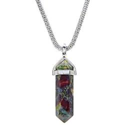 Tacool Gemstone Hexagonal Pointed Reiki Chakra Beaded Pendant Neclace Stainless Steel Chain 18 Inches (Dragon Blood Jasper)