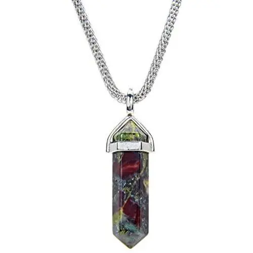 Tacool Gemstone Hexagonal Pointed Reiki Chakra Beaded Pendant Neclace Stainless Steel Chain 18 Inches (Dragon Blood Jasper) Tacool Gemstone Hexagonal Pointed Reiki Chakra Beaded Pendant Neclace Stainless Steel Chain 18 Inches (Dragon Blood Jasper)