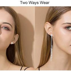 Fashion Long Tassel Crystal Pearl Two Ways Wear Cubic Zirconia Hypoallergenic & Nickel Free Stud Drop Dangle Earrings Jewelry for Girls Women, Chic Silver