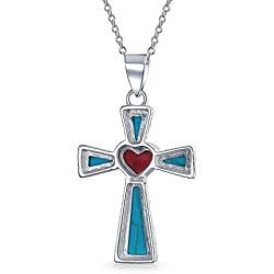 Southwestern Style Semi Precious Gemstones Red Heart Cross Pendant Religious 925 Sterling Silver Necklace For Women Teen