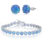 925 Sterling Silver Rhodium Plated 6mm Round White/Blue Created Opal With Beaded Border 7'' Tennis Bracelet, Including 6mm Round Created Blue Opal Stud Earrings Jewelry Set