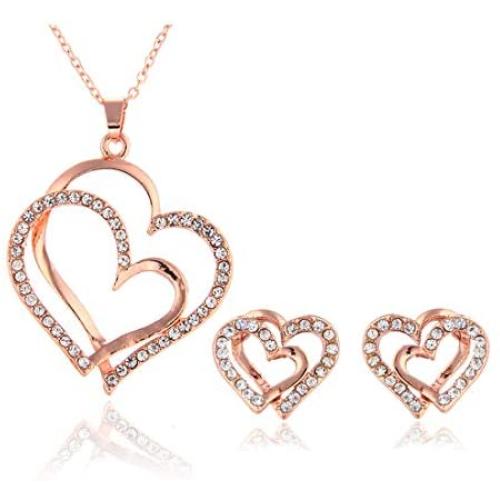 14K Rose Gold Silver Double Heart Shaped Necklace Shiny Crystal Stud Earrings Wedding Jewelry Set Best Gifts