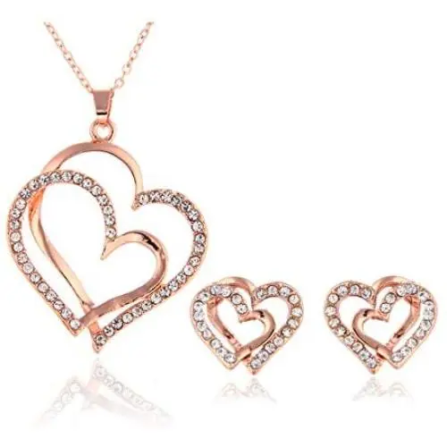 14K Rose Gold Silver Double Heart Shaped Necklace Shiny Crystal Stud Earrings Wedding Jewelry Set Best Gifts 14K Rose Gold Silver Double Heart Shaped Necklace Shiny Crystal Stud Earrings Wedding Jewelry Set Best Gifts