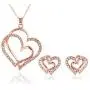 14K Rose Gold Silver Double Heart Shaped Necklace Shiny Crystal Stud Earrings Wedding Jewelry Set Best Gifts 14K Rose Gold Silver Double Heart Shaped Necklace Shiny Crystal Stud Earrings Wedding Jewelry Set Best Gifts