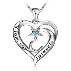 Star and Moon Heart Necklace 925 Sterling Silver Necklace I Love You Forever Pendant with Cubic Zirconia, Valentines Mothers Day Jewelry Gifts for Girls Couples Girlfriend Mom Wife