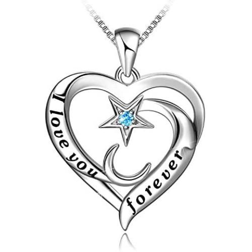 Star and Moon Heart Necklace 925 Sterling Silver Necklace I Love You Forever Pendant with Cubic Zirconia, Valentines Mothers Day Jewelry Gifts for Girls Couples Girlfriend Mom Wife