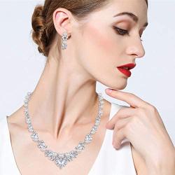 EVER FAITH Bridal Jewelry Set Clear Austrian Crystal Simulated Pearl Leaf Elegant Necklace Earrings for Bride, Bridesmaids