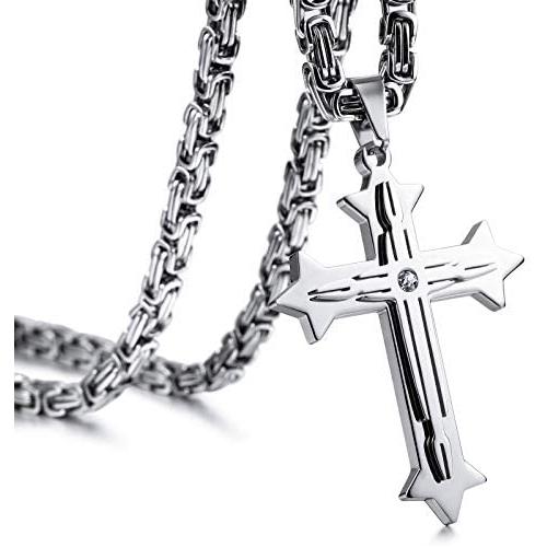 INBLUE Cross Necklace Pendant for Men Boys Women Girls Stainless Steel Cross Faith Necklace Cubic Zirconia Christian Prayer Gifts Friendship Jewelry with 22/24 inches Byzantine Chain