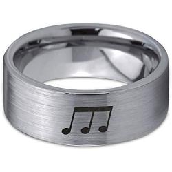 Triplet Beam Note Music Ring - Tungsten Band 8mm - Men - Women - 18k Rose Gold Step Bevel Edge - Yellow - Grey - Blue - Black - Brushed - Polished - Wedding - Gift Dome Flat