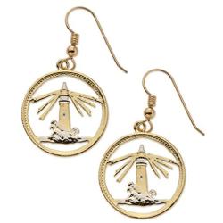 Bahamas Lighthouse Earrings, Bahamas Coin Hand Cut, 14 K Gold and Rhodium Plated