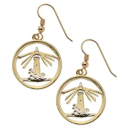 Bahamas Lighthouse Earrings, Bahamas Coin Hand Cut, 14 K Gold and Rhodium Plated Bahamas Lighthouse Earrings, Bahamas Coin Hand Cut, 14 K Gold and Rhodium Plated