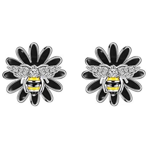 Emibele Earrings, 925 Sterling Silver Needle Zircons Inlaid Small Bees Earrings for Women, Fashion Jewelry Accessories