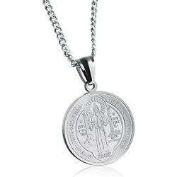 TENGYI 18K Gold Plated Stainless Steel St Saint Benedict Medal Pendant with 24 Inch Chain Necklace