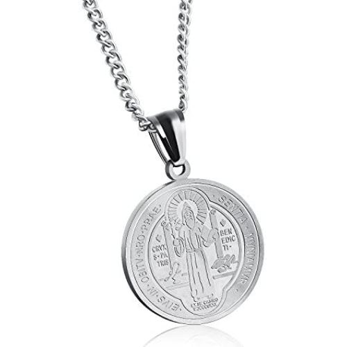 TENGYI 18K Gold Plated Stainless Steel St Saint Benedict Medal Pendant with 24 Inch Chain Necklace