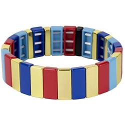 Allzedream Enamel Bracelets Stretch Bangle Colorful Tile Beads Elastic Stackable Colorblock Bracelet