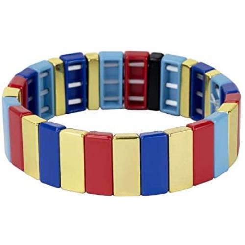 Allzedream Enamel Bracelets Stretch Bangle Colorful Tile Beads Elastic Stackable Colorblock Bracelet