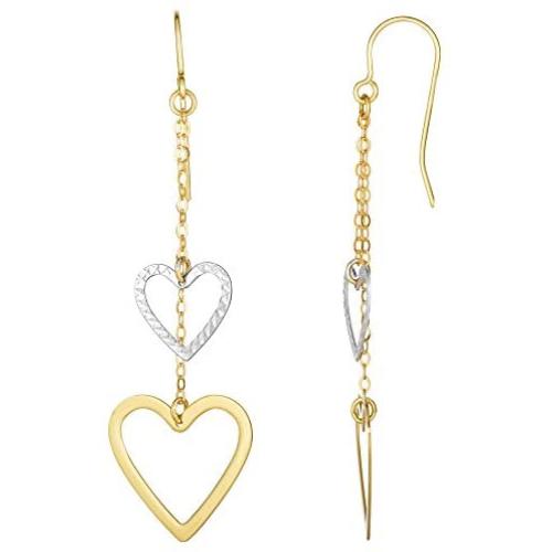 10K White And Yellow Gold Diamond Cut Heart Double Strand Drop Earrings