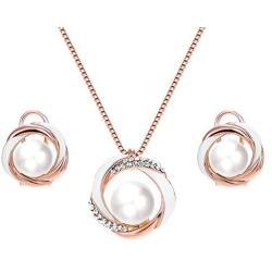 Rose Gold Pearl Jewelry Set Women Two Tone Circle Pearl Enameled Leverback Earrings and Pendant Necklace Bridal Bridesmaids Wedding Jewelry Set