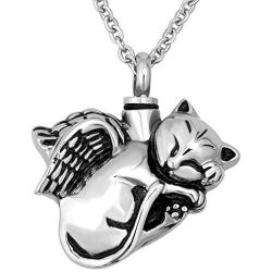 MZC Jewelry Pet Cat Urn Necklace for Ashes Animal Angel Wings Keepsakes Jewelry Hold Ashes Stainless Steel Cremation Memorial Pendant