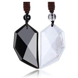 Stone Couple Necklaces Obsidian Clear Crystal Stone Matching Couples Love Heart Pendant Necklace Natural Quartz Healing Crystals Necklace Wolf Tooth Peace Buckle for Lover Protection Meditation