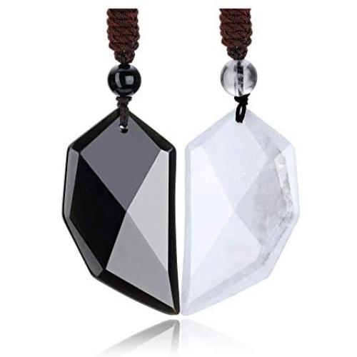 Stone Couple Necklaces Obsidian Clear Crystal Stone Matching Couples Love Heart Pendant Necklace Natural Quartz Healing Crystals Necklace Wolf Tooth Peace Buckle for Lover Protection Meditation