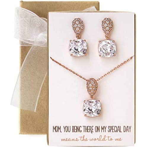 A+O Mother of The Bride or Groom Gift, Cushion Cut Wedding Jewelry Set in Silver, Gold, Rose Gold