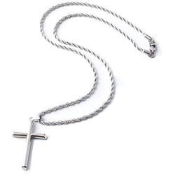 Hollywood Jewelry 14K Rope Cross Faith Pendant 2MM Chain Necklace Real White Gold Plated Religious Cuban Link for Women, Teen and Men Thin for Charms Diamonds Cut. USA Made!