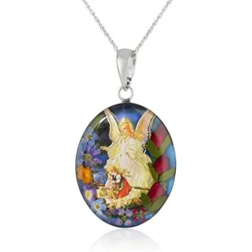 Sterling Silver Pressed Flower Guardian Angel or Our Lady of Guadalupe Pendant