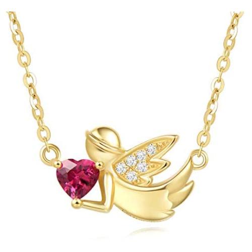 Agvana 14K Solid Gold Natural Garnet Necklace Angel Wings Heart Dainty Pendant Necklaces Fine Jewelry Anniversary Birthday Gifts for Women Girls Wife Mom Grandma Daughter Her Yourself, 16+2 Inch