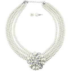 LUX ACCESSORIES Faux Pearl Floral Flower Multi Row Statement Necklace Matching Post Stud Earrings