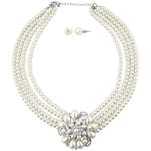 LUX ACCESSORIES Faux Pearl Floral Flower Multi Row Statement Necklace Matching Post Stud Earrings LUX ACCESSORIES Faux Pearl Floral Flower Multi Row Statement Necklace Matching Post Stud Earrings